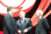 Cllr Keith Martin, Party Leader Pat Rabbitte TD and Party Whip Emmet Stagg TD share a laugh on stage at the Helix