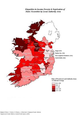 a mid 2005 map of poverty in Ireland. The really red bits aren't going Commie. But they're not getting enough church charity or state assistence. God help their young.