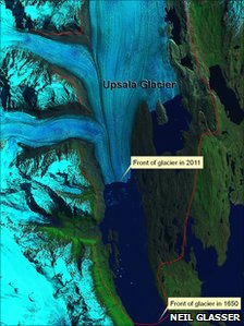 Satellite image of Upsala Glacier in Patagonia, which has retreated about 13km since 1750