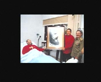 Fidel (bearded in bed) Hugo (big man easy to spot) Raul Castro & a get well card sent from Europe.