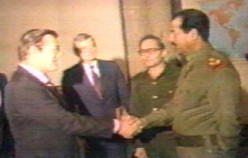 Donald Rumsfeld shakes hands with Saddam Hussein (1983)