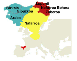 Map of Basque Country -- three northern provinces are ruled by France