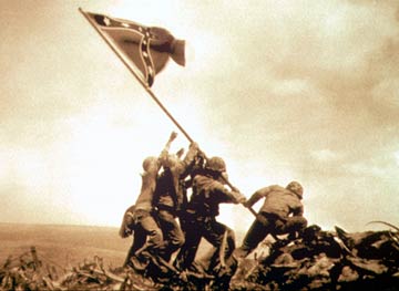 If you look really carefully at this iconic image of hard to see colors - you note that all the chaps are lifting the same flag.