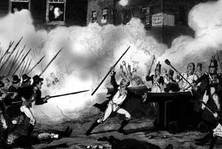 Click on image to see full-sized version A loyalist view of the battle of Enniscorthy - note figure 'blocking' cannon with his wig