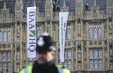 Recent PLANE STUPID action at the British Parliament Building in London