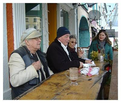 John Arden (left) Margaretta D'Arcy, cast members and musician Sylvia Crawford rehearse in Gort