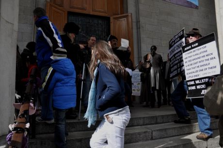 Protestors on the steps of the Pro Cathedral