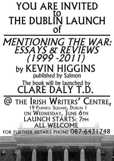 Clare Daly T.D. to launch Mentioning The War by Kevin Higgins in Dublin