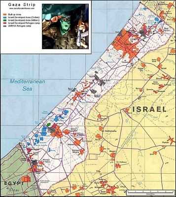 blue bits are israeli settlers, green IDF, orange urban areas (mostly voting hamas) [chap in picture] red are Israeli refugee camps grey UNRWA refugee camps.