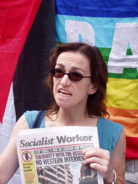 Dette at the nearby SWP table doing her duty for the beleaguered peoples of the Lebanon & Gaza Strip.