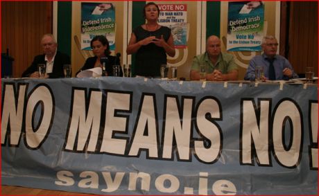 Cllr. Brd Smyth (PBP) launching the CAEUC No to Lisbon campaign at Liberty Hall, flanked by l-r: Jimmy Kelly (Reg. Sec. UNITE) - Mary Lou McDonald TD (SF) - Bob Crowe (Gen. Sec. RM&TU) - Joe Higgins MEP (SP)