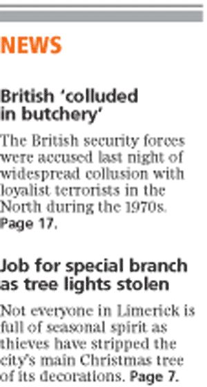 Irish Independent Nov 30th - front page splash for story of international terrorism