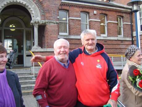 Pat the Picket meets Pat the Piper - greeted by anti bin-charges activist and bagpiper Pat Hurley