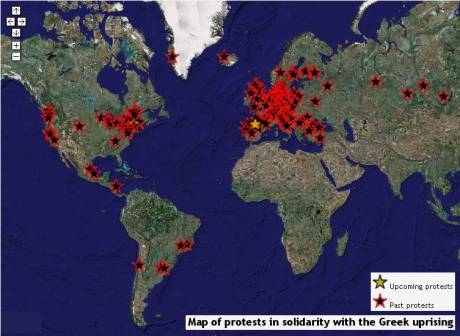 World Map of protests in solidarity with the Greek uprising