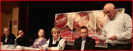 Post Budget day public meeting. Speakers: Michael Taft (research officer, Unite);  Eoin  Broin (Sinn Fin); Cathleen ONeill (community activist, Kilbarrack); Cllr Cian OCallaghan (Labour Party); Eugene McCartan (CPI).