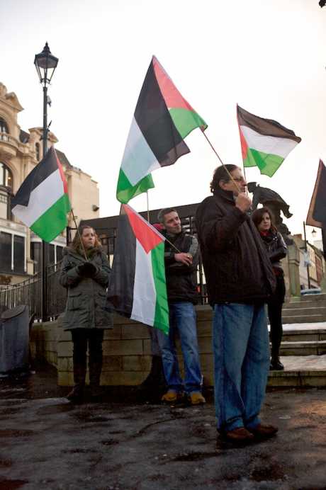 Palestinian flags amongst the crowd at the rally, in Derry on 27th Dec 09,  marking the anniversary of Israel's assault on Gaza.