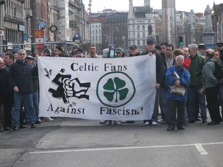 Celtic Fans Against Fascism banner on O'Connell Street before the riot
