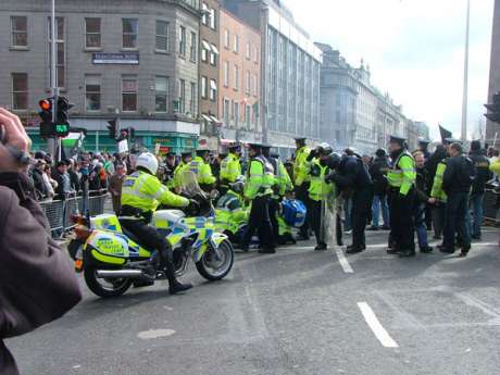 Gardai Try to push crowd from O Connell Street as March is Due to Begin