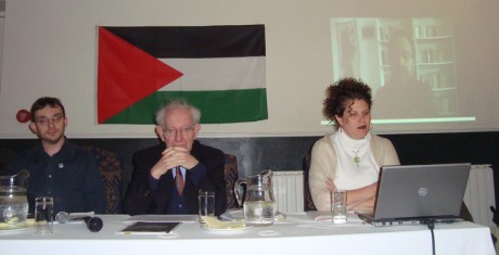 Click on image to see full-sized version L-R: Dr David Landy (IPSC Chairperson), Dr. Hajo Meyer (IJAN), Sara Kershnar (IJAN) and Dr. Haidar Eid (via video from Gaza)