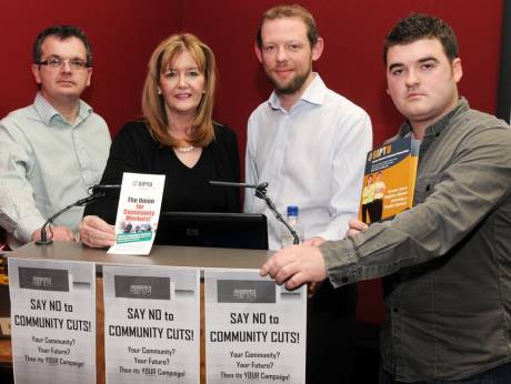 Click on image to see full-sized version (SIPTU activists Martin O'Rourke, Teri Cregan, Niall McNally and Barry McColgan who were speakers at the Community meeting)
