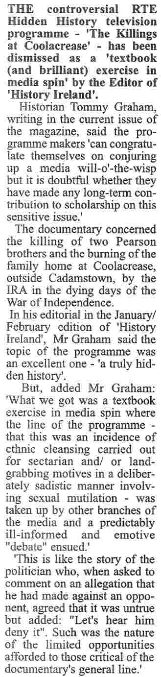 RTE Coolacrease programme - an exercise in media spin - Tullamore Trib 16 Jan 08