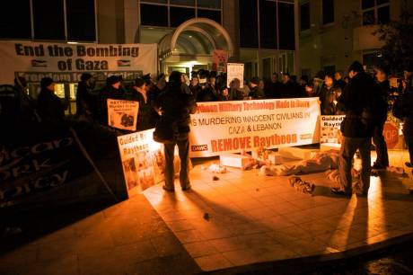 Early morning at Raytheon Derry: End the Bombing of Gaza.