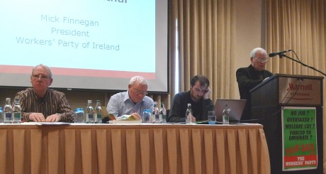 Workers Party President Michael Finnegan at podium