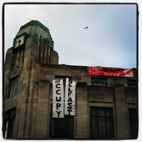The liberation of the empty Bank of Ireland building on Royal Avenue, Belfast. Photo by Colin Parte.