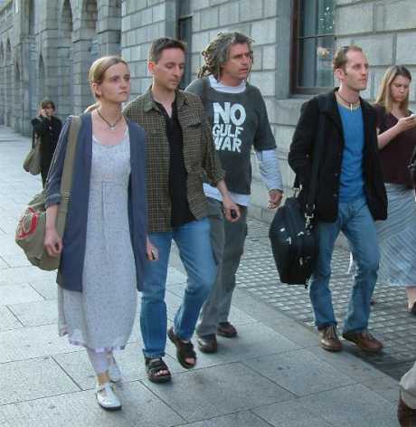 Deirdre, Fintan, Ciarnonand Damien walk from court this evening.