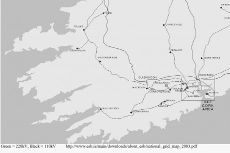 Existing powerlines in Cork and Kerry