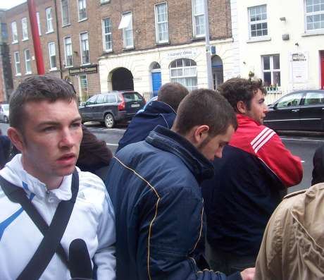 The male in the middle, with a strong Cork accent and bluish jacket, said he would "stick a knife" into one of the pro-choice protestors stomach.