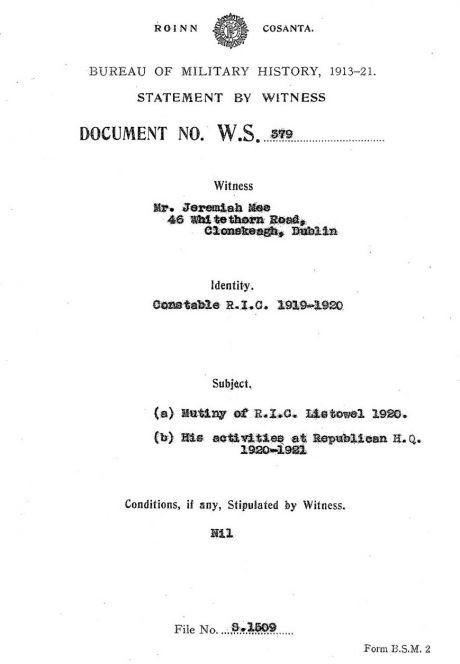 Front page of Jeremiah Mee statement in Bureau of Military History, and National Archives