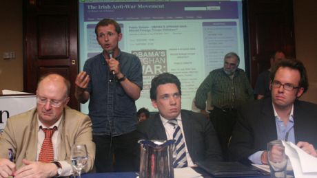L-R:  Deagln de Bradn (Chair) - Richard Boyd Barrett (IAWM) - Richard Waghorn (Daily Mail journalist) - Robert Faucher (Charg dAffaires, US Embassy). 
