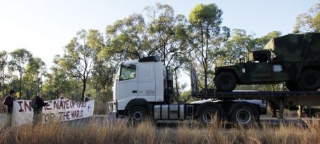 Click on image to see full-sized version Military vehicles were blocked for over an hour and a half this morning on a major access road to the Talisman Sabre war games exercise area in Shoalwater Bay, QLD