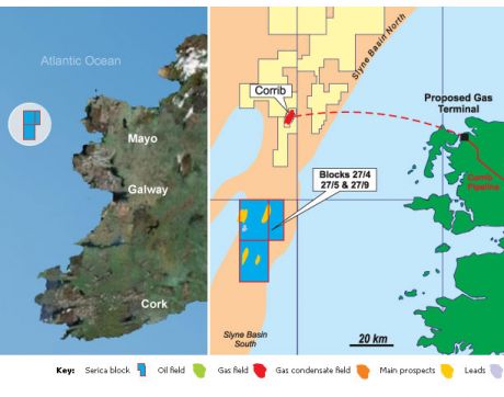 Click on image to see full-sized version This Serica map shows their licenced blocks, and (oddly) shows the Corrib pipeline in place.