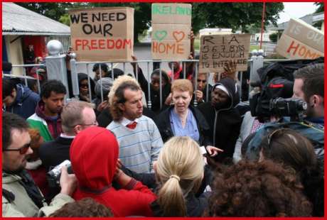 Sue Conlon CEO of the Irish Refugee Council passing on information to asylum seekers threatened with relocation from Department of Justice
