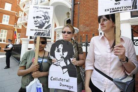 Click on image to see full-sized version Supporters of WikiLeaks Founder Julian Assange gather outside the Ecuador Embassy in central London (Reuters)