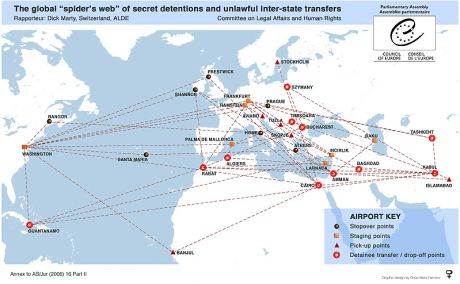 Map of rendition routes across Europe - with Shannon included