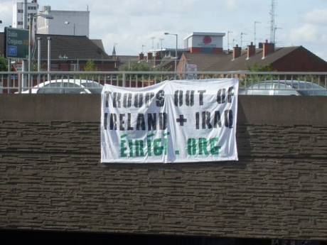 One of the banners that were dropped on main routes into Belfast this morning