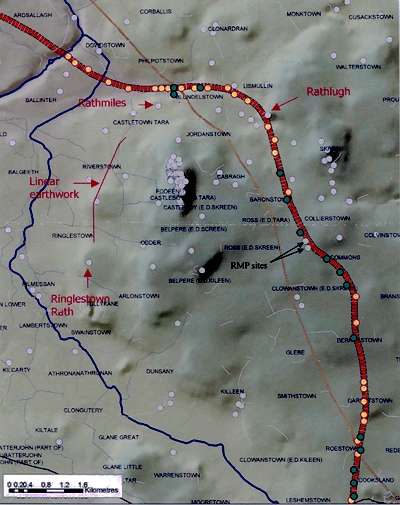 Click on image to see full-sized version M3 through Tara complex - dots on route indicate archaeological sites demolished