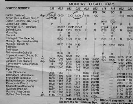 Bus Eireann to Ballina from Busarus every day (see timetable below), and Bus Eireann to Belmullet from 12.15pm and 6.10pm