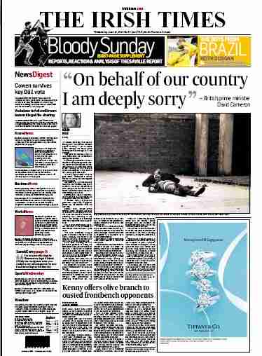 "On behalf of our country I am deeply sorry" - David Cameron - Irish times front page
