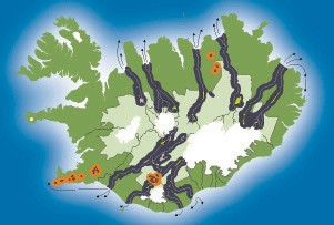 The areas to be affected by the dam projects in Iceland