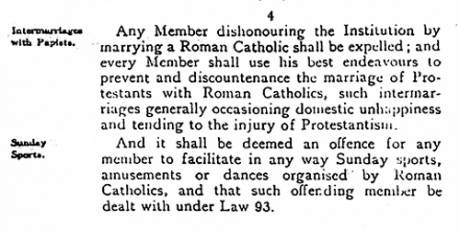 Extract from "Laws" of Orange Order - very 'multicultural'