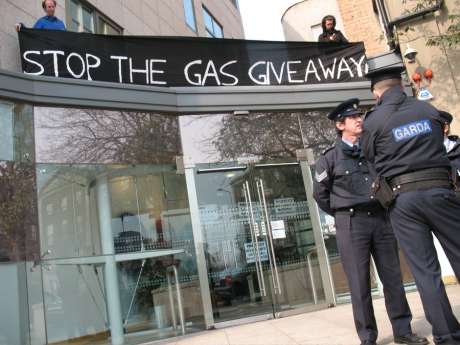 Banners on the roof, placards in the door