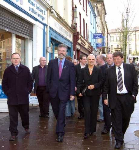 West Tyrone Sinn Fin MLA's Barry McElduff, Claire McGill and Pat Doherty M.P. with Sinn Fin party President Gerry Adams in Omagh, Co. Tyrone.