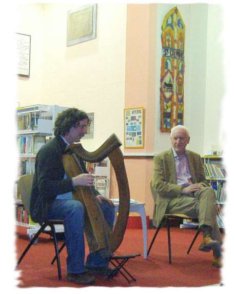 Harper Paul Dooley with poet Pdraig  Morin at Gort Library