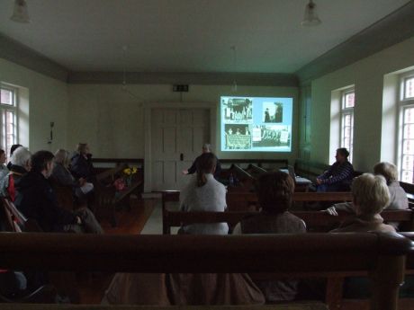 Julianna Minihan giving her talk on Alice Paul at the Quaker Meeting House