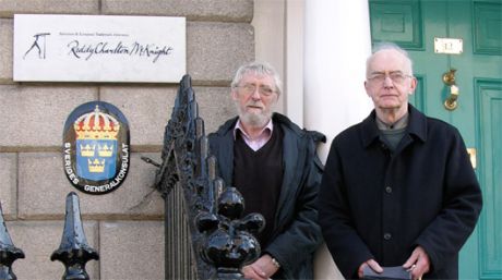 Con Colbert, Raheny, and Jim Ronan, Swords, outside the offices of the Swedish Consulate General in Dublin. Mr. Paul Keane is the Honorary Consul General at the Consulate General of Sweden which operates from the offices of Reddy Charlton McKnight, Solici