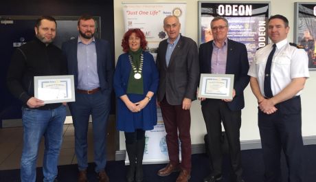 Click on image to see full-sized version Pictured: Maciej Krzetowski, Stephen Maher, Carmel Kelly (Mayor of Naas), Conor Furey (Assistant Governor Rotary Ireland), Gerry Shinners and Superintendent Oliver Henry of Naas Garda Station at Just One Life in Odeon Cinema Naas 05/March/2020